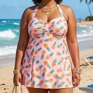 Collectif x Playful Promises Pineapple Retro Swimdress Pink US 16 Pinup Swimsuit